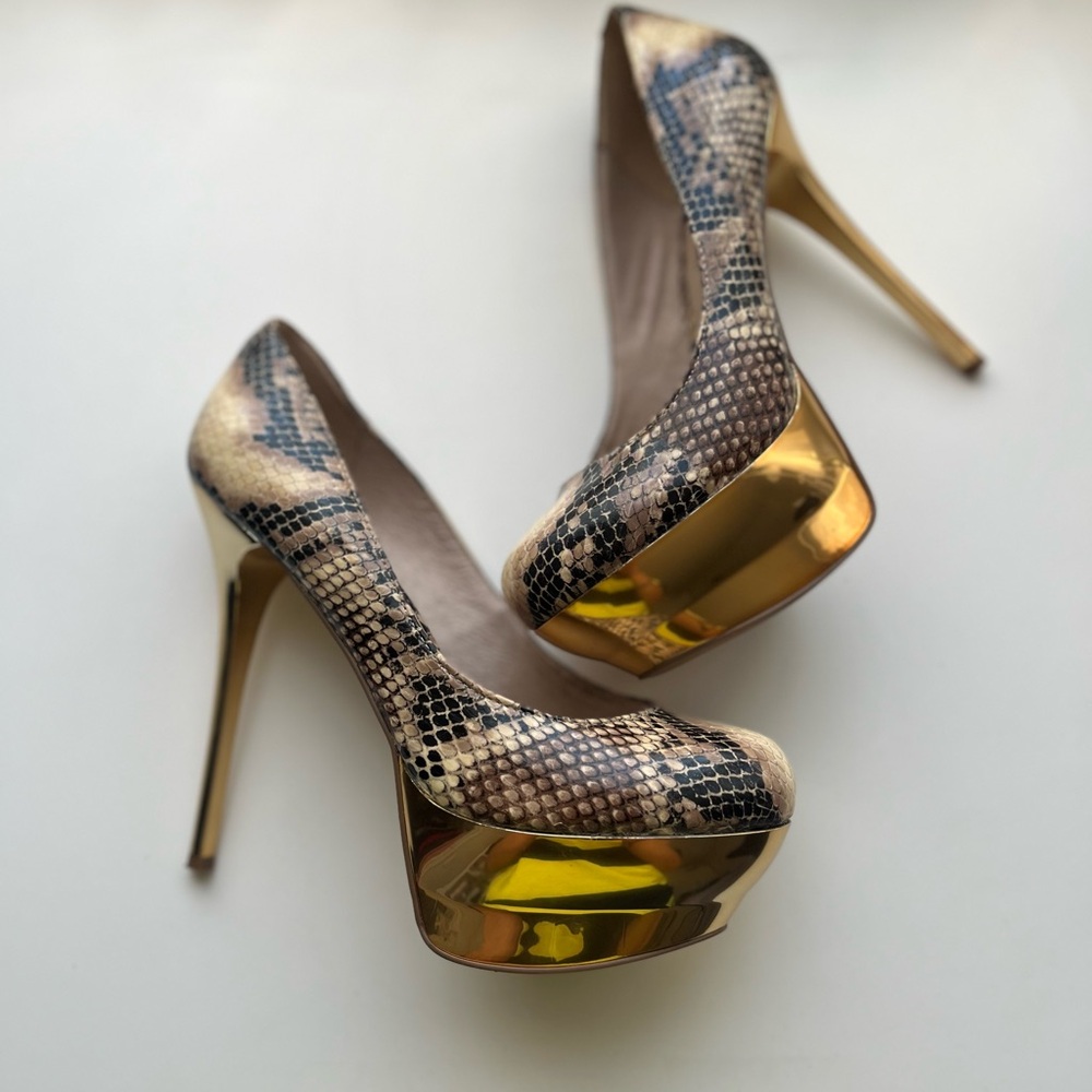 H by Halston Gold and Brown Peep-Toe Platform Heels